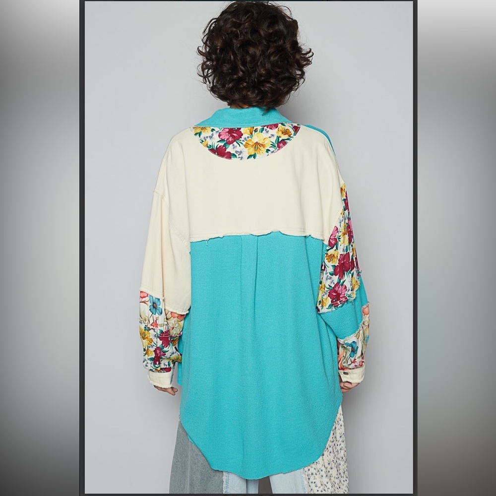 372 🇺🇸POL aqua gauze patchwork detail top cotton  shacket - Picture 2 of 5